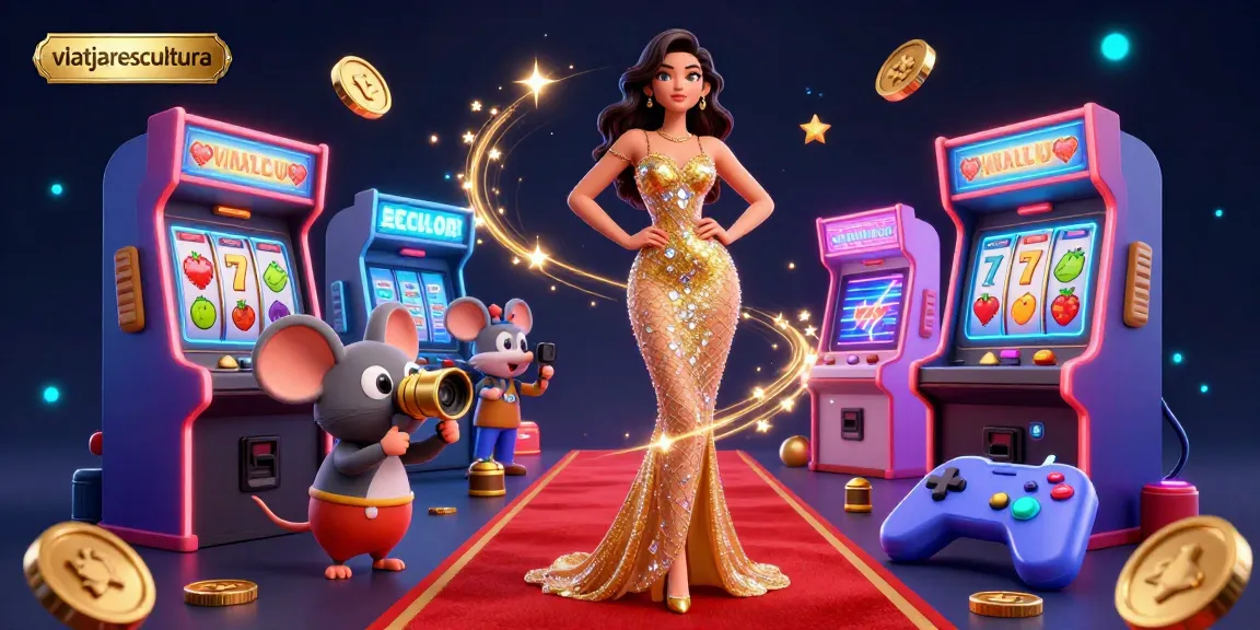 Engage with viatjarescultura's vibrant gaming elements featuring a dazzling scene of a glamorous woman and a cartoon paparazzi capturing the excitement.
