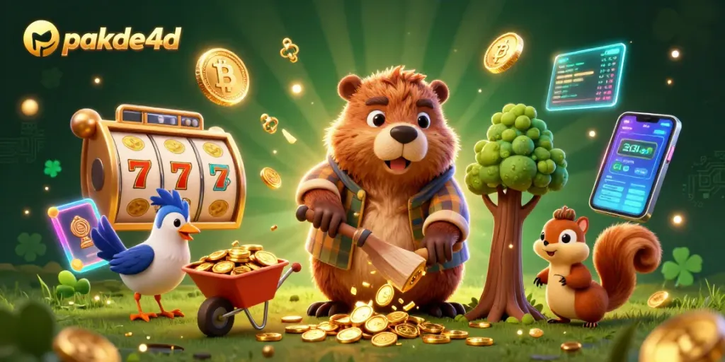 Engage with pakde4d's vibrant casino scene, featuring a beaver beside gold coins and slot reels.