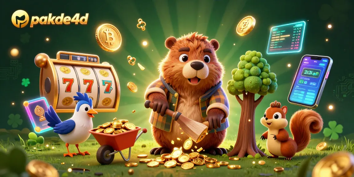 Engage with pakde4d's vibrant casino scene, featuring a beaver beside gold coins and slot reels.
