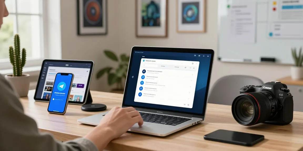 Dynamic workspace showcasing telegramin-cn.com features on laptop and mobile devices in a modern home office.