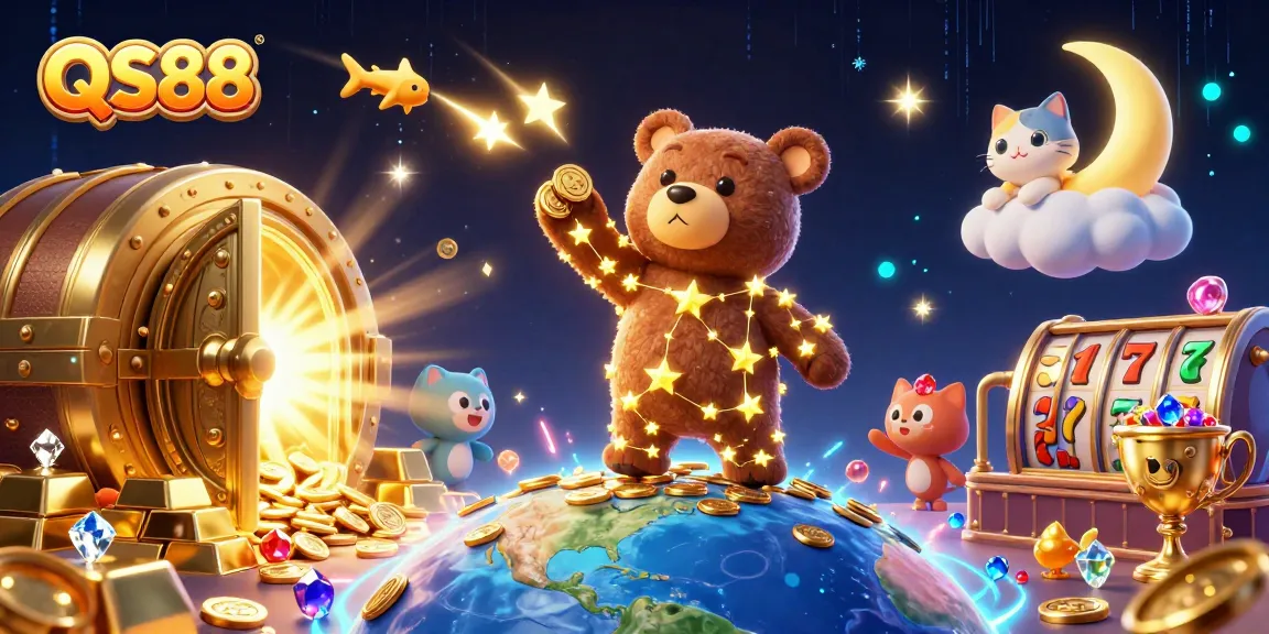 Win big with QS88 as the constellation bear scoops treasure amidst slot reels and sparkling jewels.