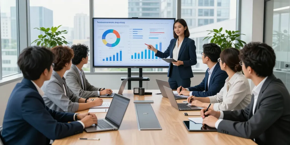 Team collaborating in a modern office on business promotion & social visibility strategies, highlighting professional teamwork.