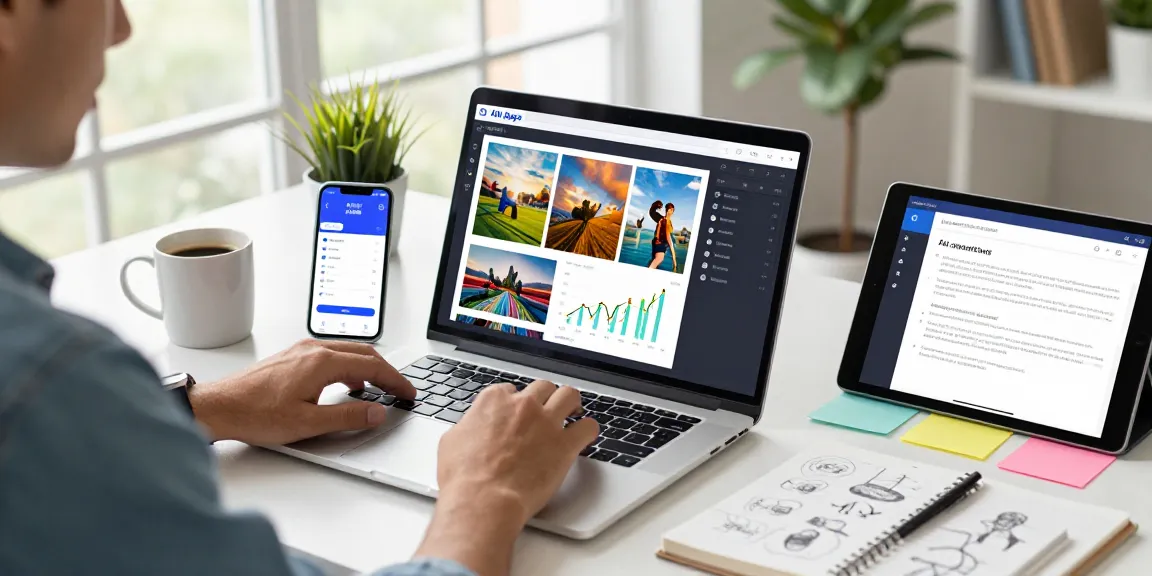 A user engaging with the free ai detector tool in a modern digital workspace, analyzing images with vibrant results on a laptop.