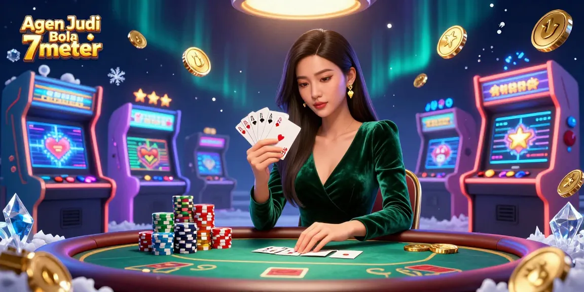 Agen Judi Bola 7meter features a strategic Asian woman at a luxury poker table showcasing expert card skills amidst a vibrant casino atmosphere