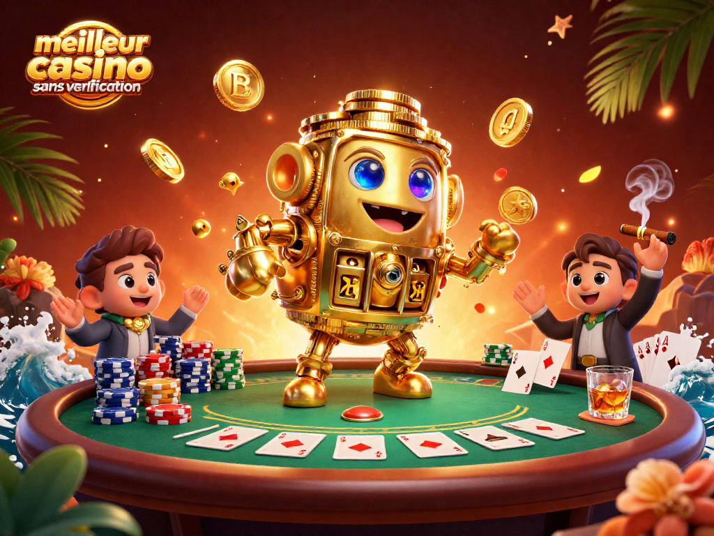 Jouez au meilleur casino sans vérification avec un golem d'or ludique entouré de jetons et cartes de poker.