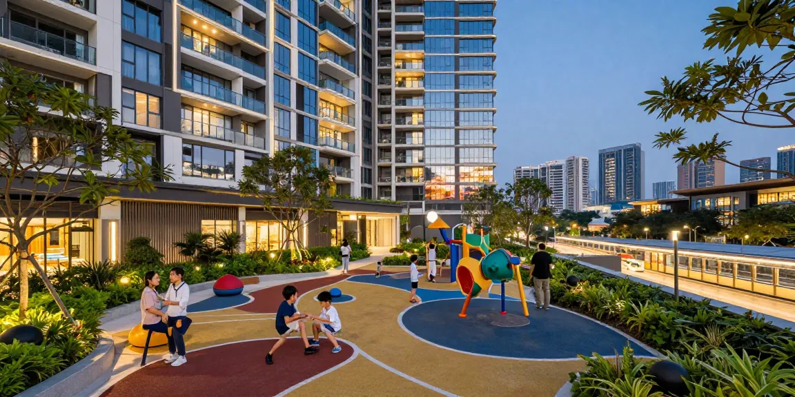 Dover Residences showing modern architecture and urban lifestyle with families enjoying amenities.