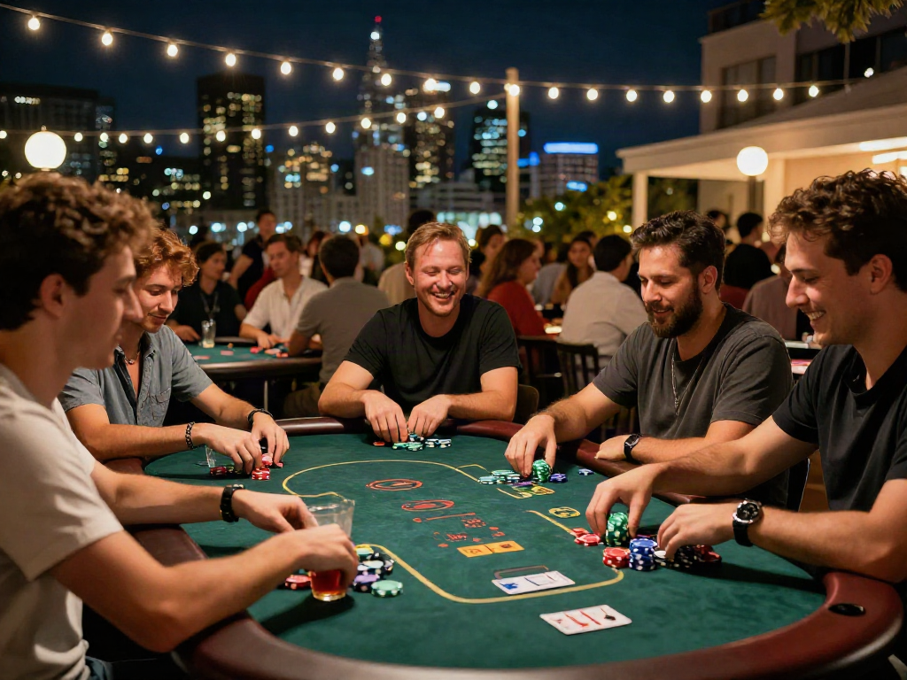 Engaging scene of players at an outdoor casino online gathering, enjoying poker under city lights.