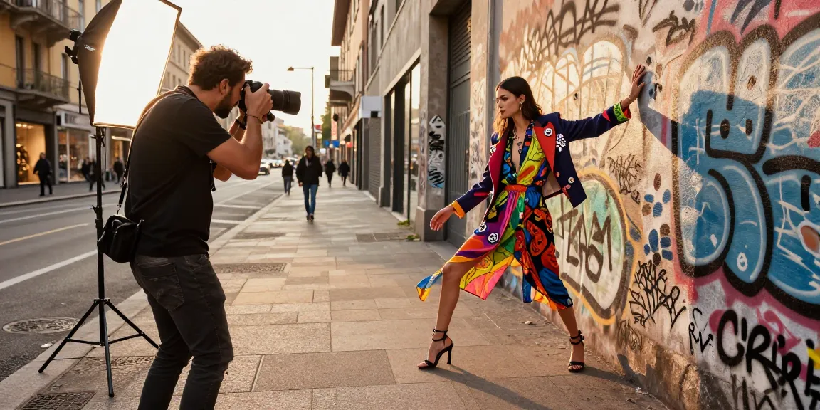 Scena di un fotografo moda Milano che cattura un modello in un outfit vibrante durante l'ora dorata.