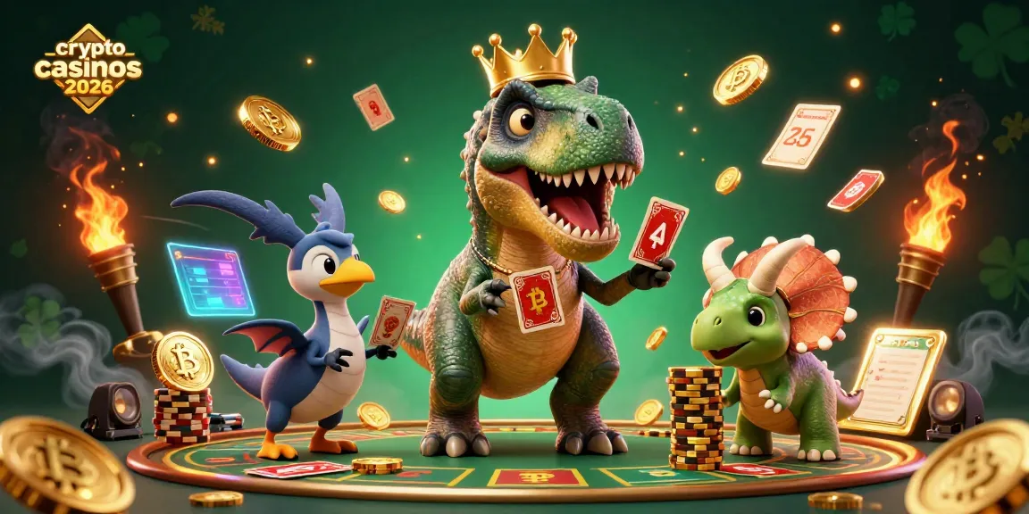 Illustration dynamique de crypto casinos 2026 avec un T-Rex, un ptérodactyle et un triceratops dans un décor de casino.