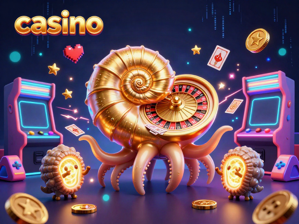 Experience the thrill of a casino as a giant nautilus holds cards with glowing ammonite companions.
