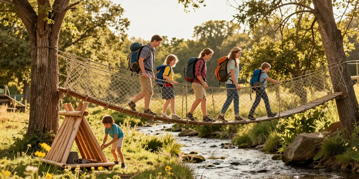 Family crossing a rope bridge design between trees, enjoying outdoor adventure.