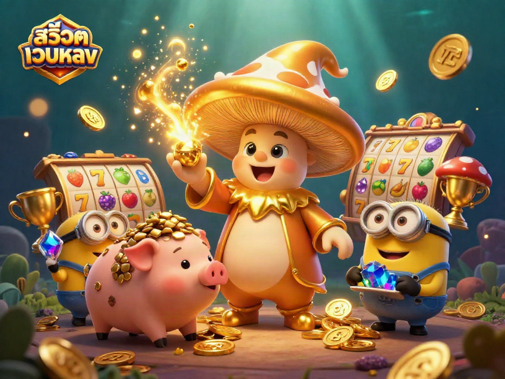 Engage with สล็อตเว็บตรง's exciting world, featuring golden magic and shimmering slot reels in an enchanting scene.