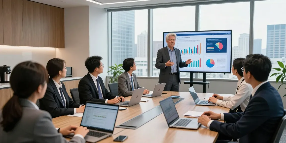 Clinton Orr shares top business stories in a modern conference room, engaging a diverse team with financial insights.