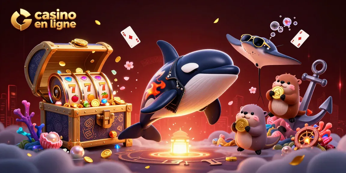 Plongez dans l'univers du casino en ligne avec cette illustration d'orque, raie et loutres, riches en pièces d'or.