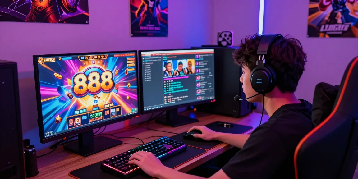 Engaged gamer playing slot888 with vibrant graphics, gaming accessories, and immersive atmosphere.
