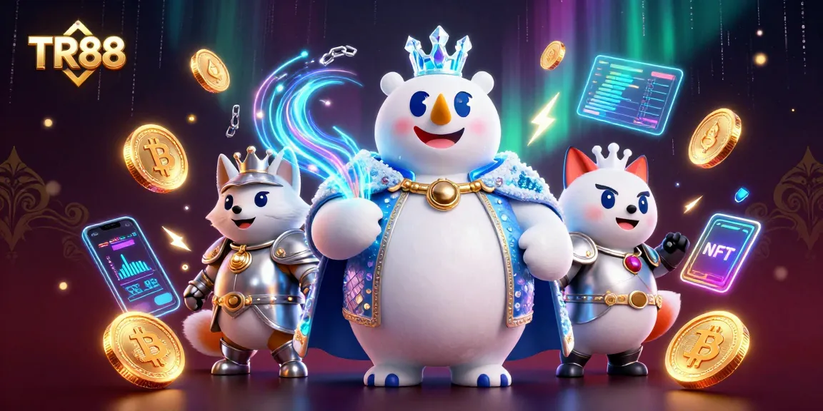 TR88 casino action featuring a cartoon ice king and snow fox amid vibrant crypto elements and neon accents.