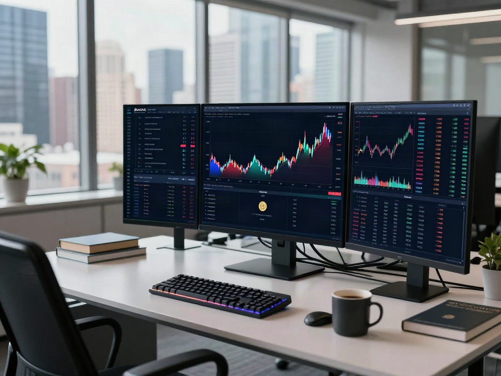 Technical indicators API visualization in a professional cryptocurrency workspace with multiple data screens.