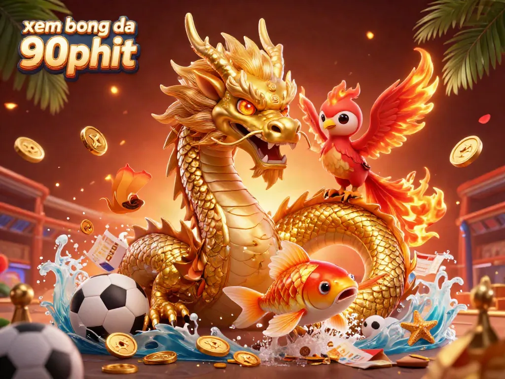 Experience xem bong da 90phut with dynamic scenes of fierce dragons, exciting sports elements, and vibrant colors.