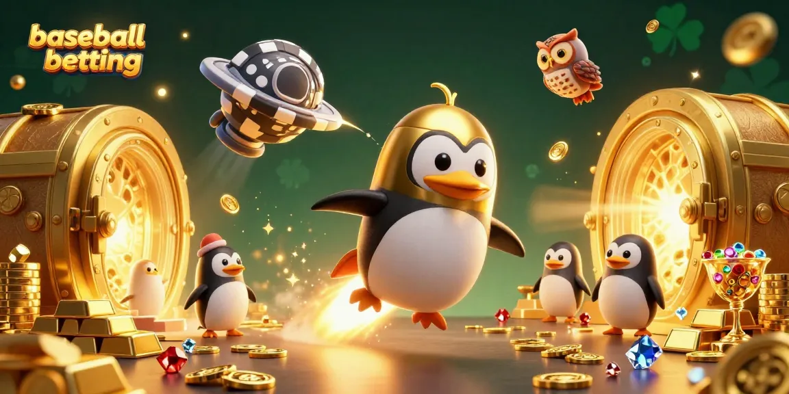 Engage in baseball betting with vibrant casino visuals featuring a rocket-powered penguin.