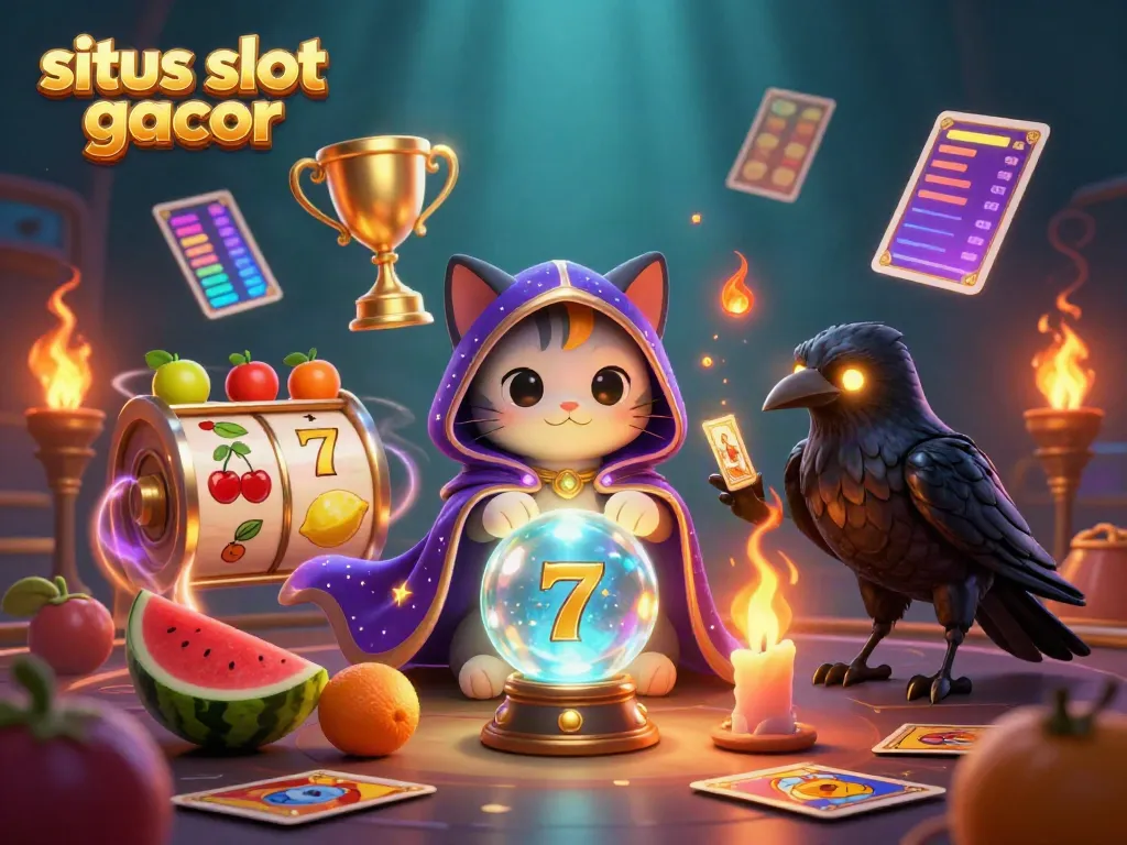 Sites slot gacor illustration showcasing a fortune teller cat and a raven amidst vibrant fruit symbols.