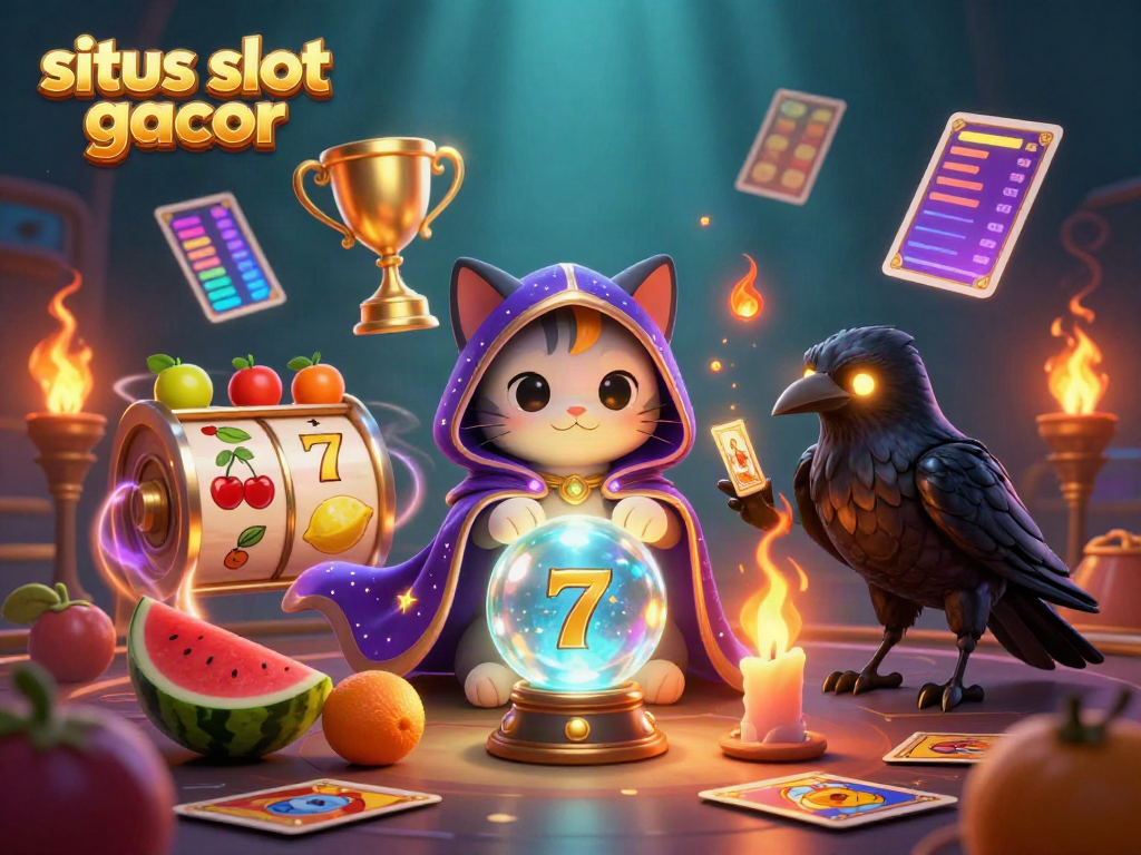 Sites slot gacor illustration showcasing a fortune teller cat and a raven amidst vibrant fruit symbols.