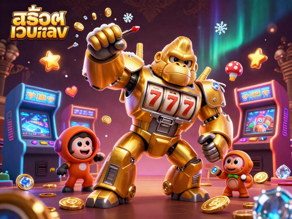 Experience excitement with สล็อตเว็บตรง showcasing a golden gorilla mech celebrating casino victories.