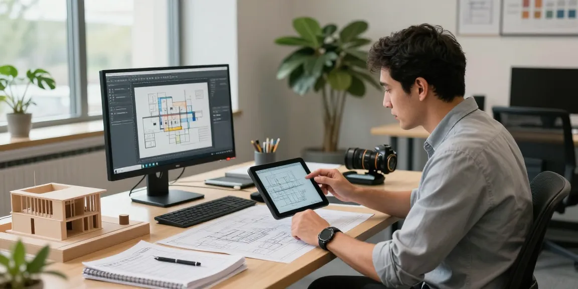 Engineer providing permit engineering services in Missouri, reviewing blueprints on a tablet in a modern office.