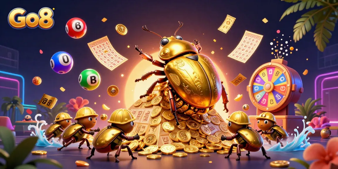 Win big at Go8 with a vibrant 3D casino scene featuring golden beetles and dynamic lottery elements.