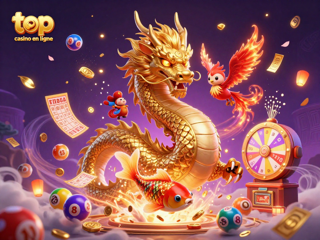 Gagnez au meilleur casino en ligne avec un dragon doré et des éléments de loterie dynamiques.