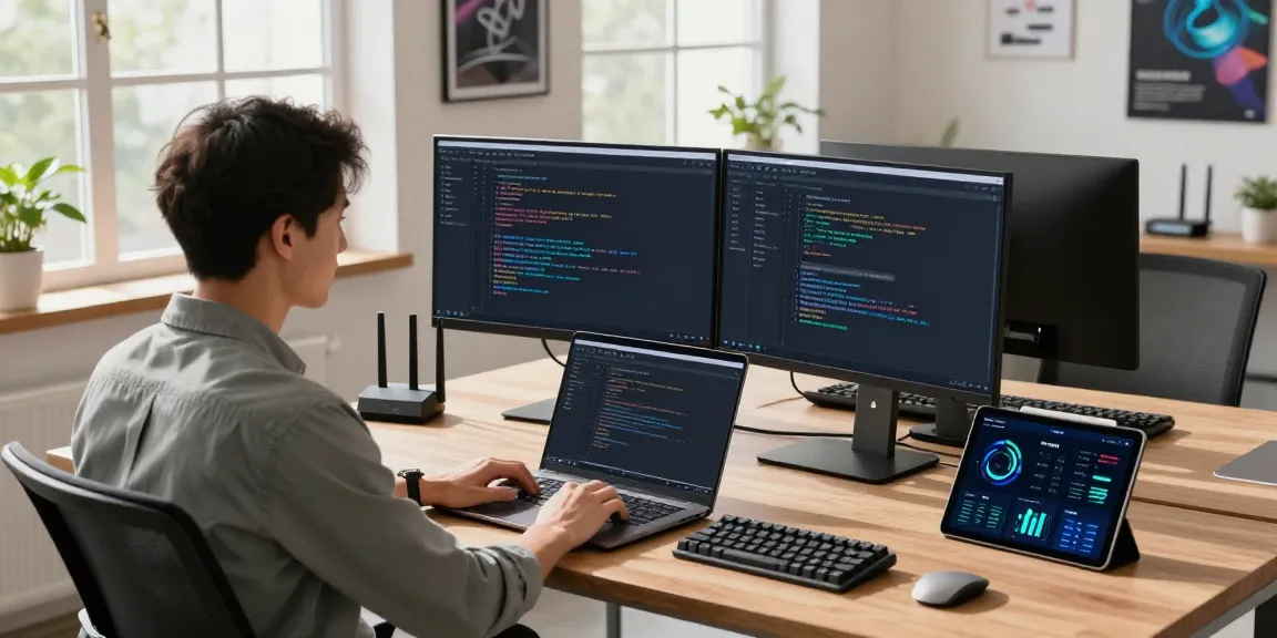 快连 app demonstration in a modern developer workspace with dual monitors and coding activity.