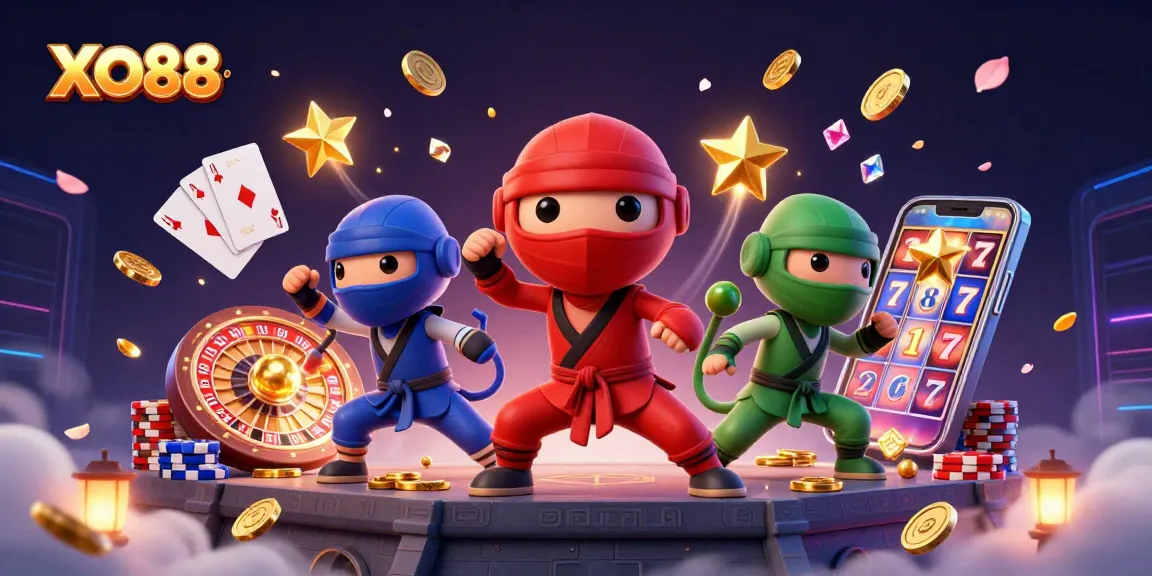 Experience thrilling gambling action at XO88 with ninja chameleons battling amidst coins and cards.