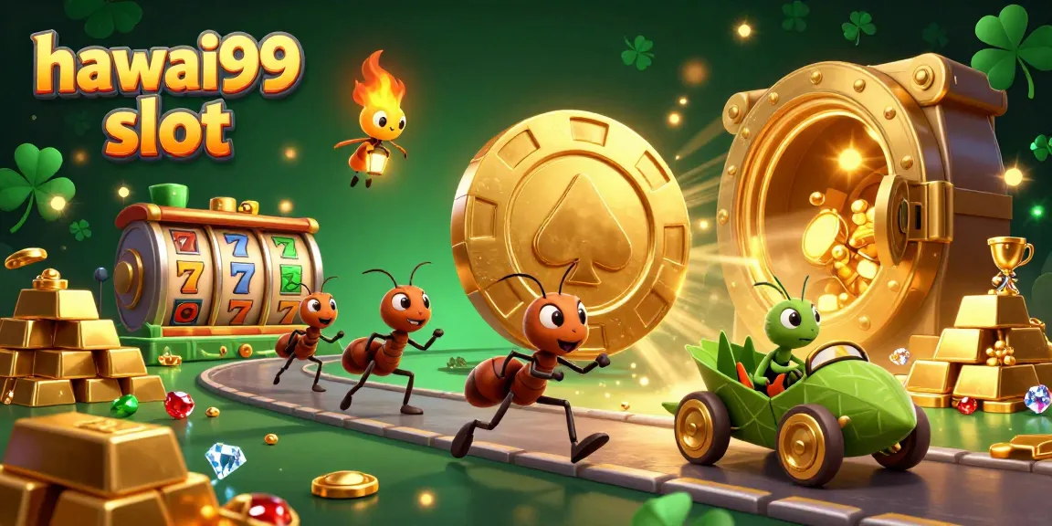 Join the adventure in hawai99 slot with ants heisting a giant poker chip amidst treasure.