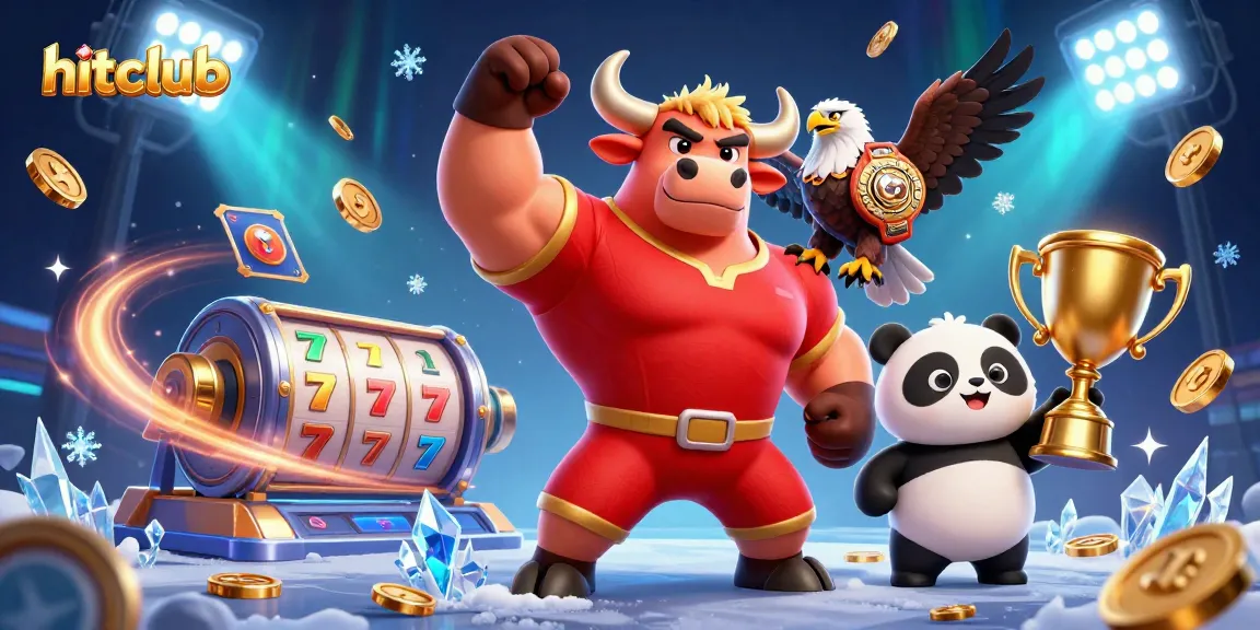 Win big with hitclub's thrilling casino experience featuring a dynamic 3D mascot scene.