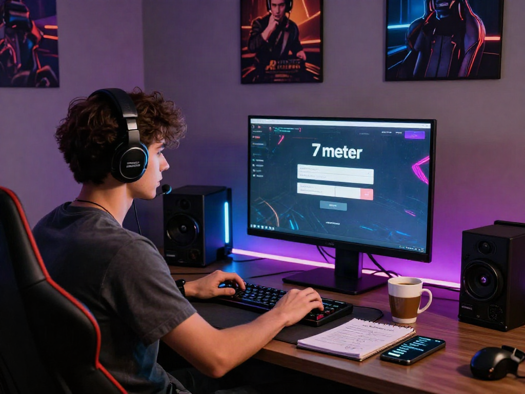 Proses login 7meter di ruang permainan bergaya dengan perangkat gaming modern.