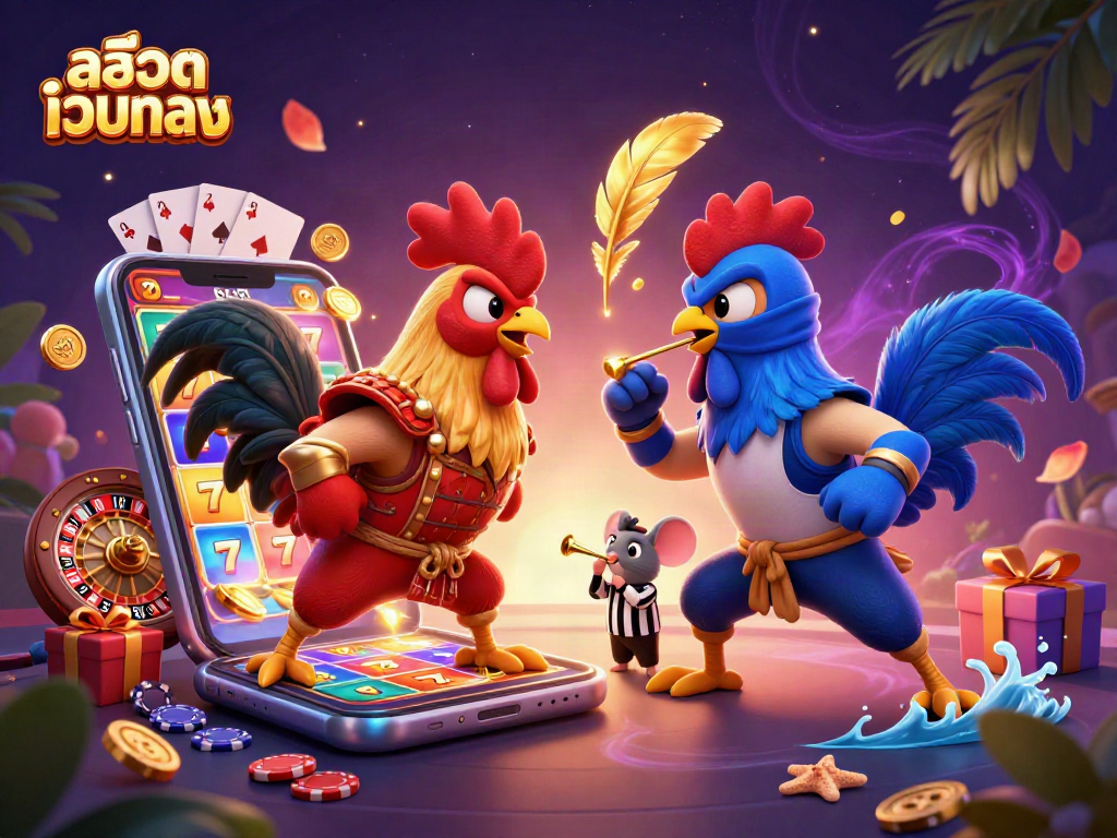 Experience exciting combat with สล็อตเว็บตรง as fighting roosters engage surrounded by slot and casino elements.