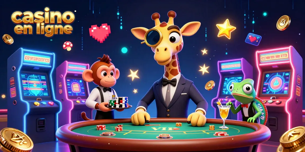 Jouez à des jeux au casino en ligne avec une élégante girafe, un valet singe et un barman caméléon.