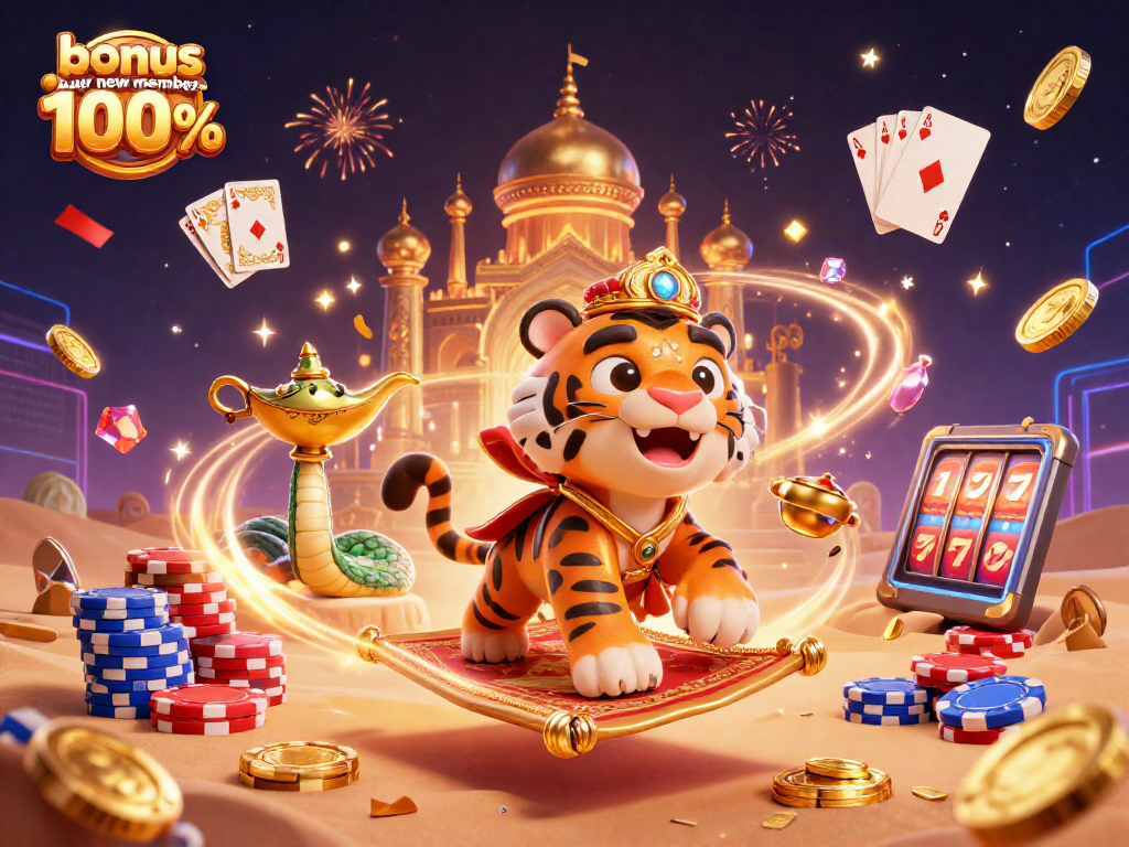 Experience the thrill with the bonus new member 100% offer in this vibrant casino illustration featuring slot elements.