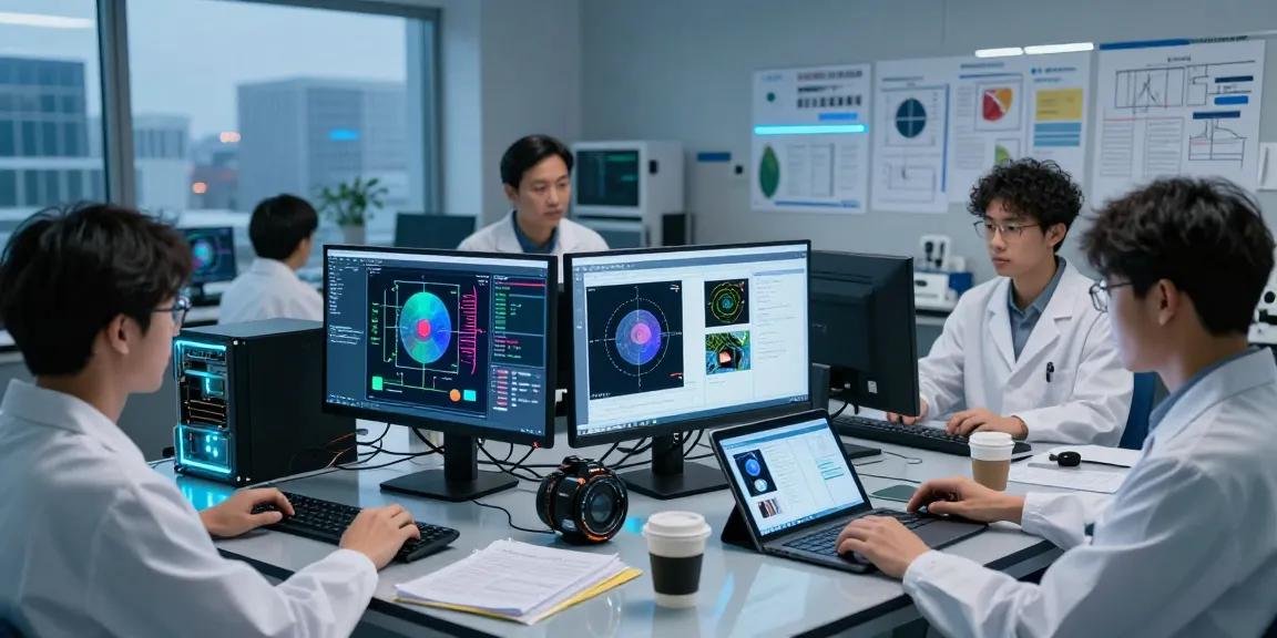 AI-Generated Image Detection analysis in a high-tech lab with data scientists examining algorithms and images.