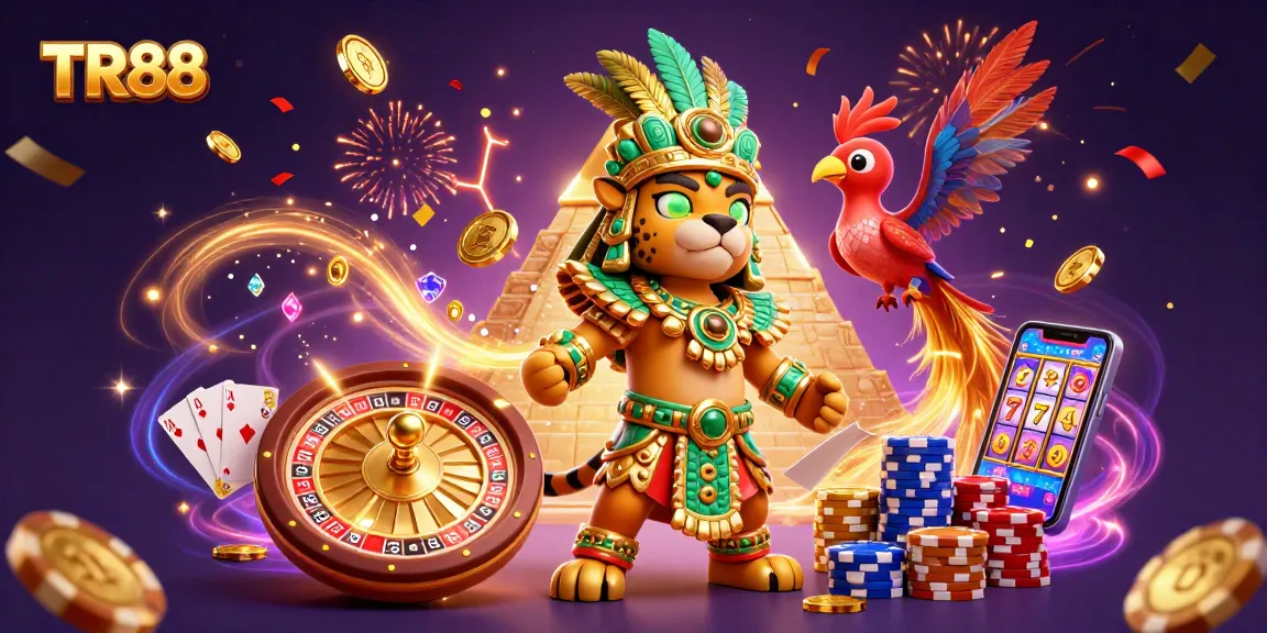 TR88 players enjoy vibrant casino action with golden coins, roulette wheels, and festive colors.