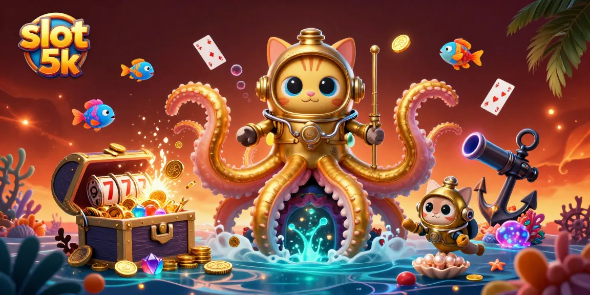Spin for jackpots at slot 5k with a dynamic scene featuring a kraken, diving cat, and treasure!
