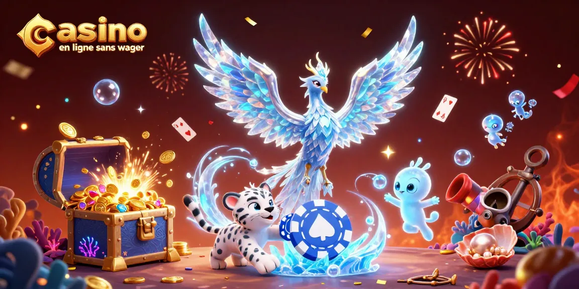 Plongez dans le monde du casino en ligne sans wager avec cet art vibrant illustrant un phoenix glacé et des sprites, entourés de trésors et de cartes.