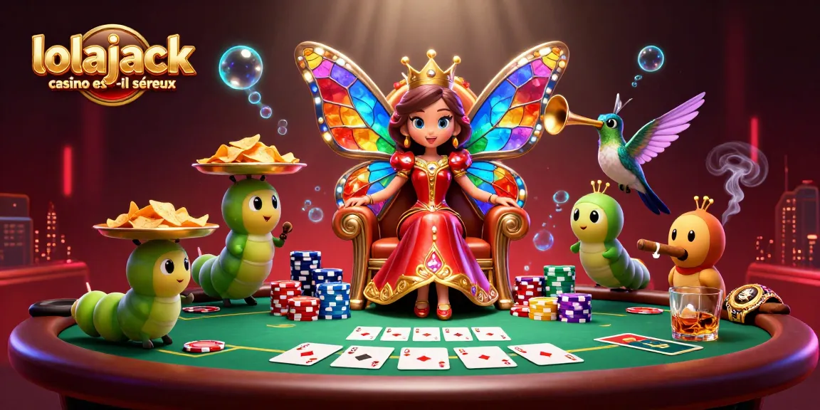 Experience the excitement at Lolajack Casino est-il sérieux with a vibrant 3D digital illustration of a whimsical butterfly queen and poker elements.