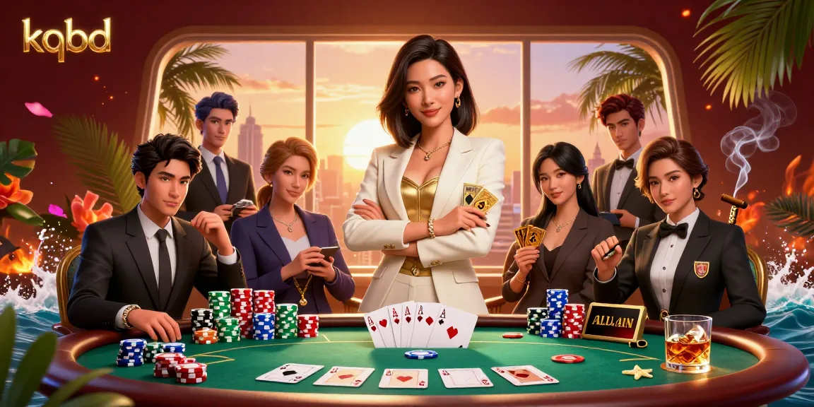 Engage with KQBD's dynamic poker scene featuring an Asian businesswoman holding a deck of cards.