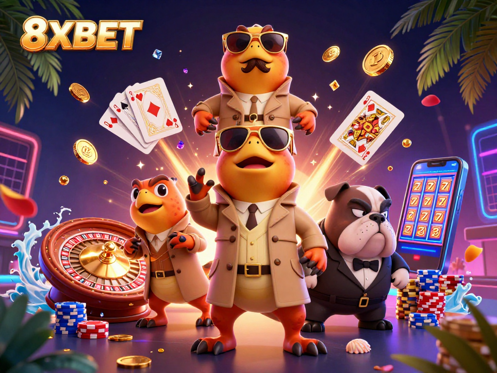 Experience casino thrills with 8XBET's vibrant online gaming scene featuring charming cartoon raptors.