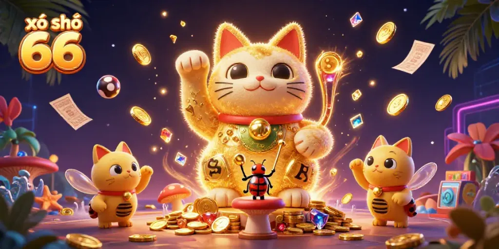 Play and win with xổ số 66, a dynamic scene of a lucky cat and gaming symbols.