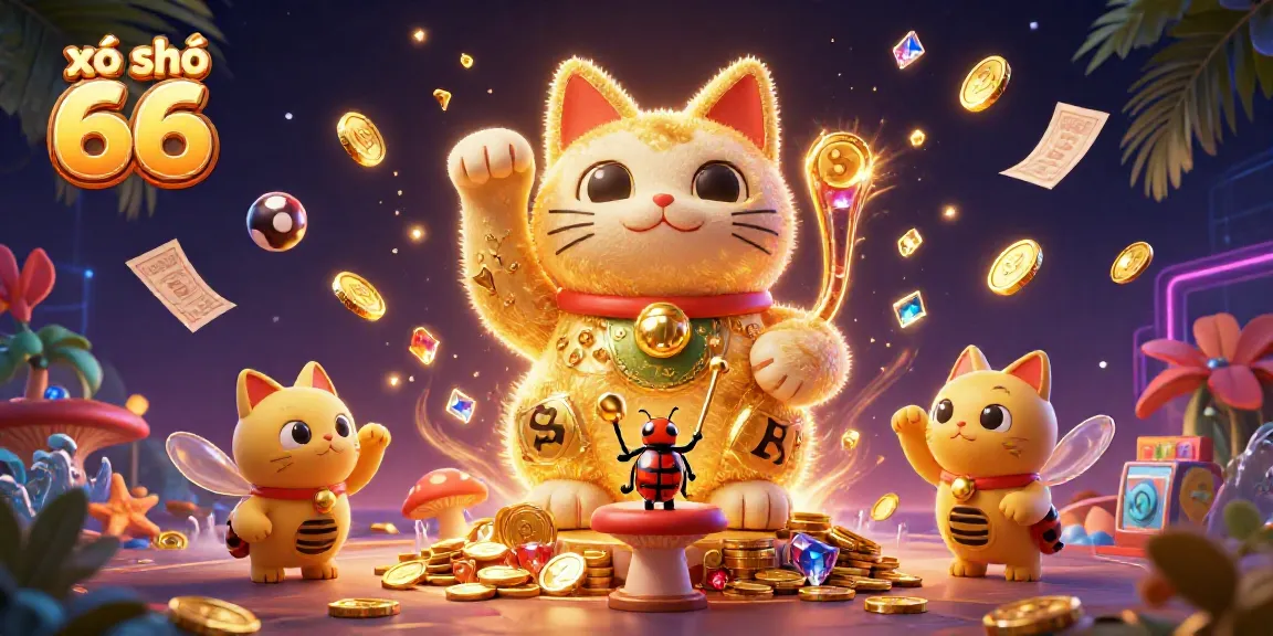 Play and win with xổ số 66, a dynamic scene of a lucky cat and gaming symbols.