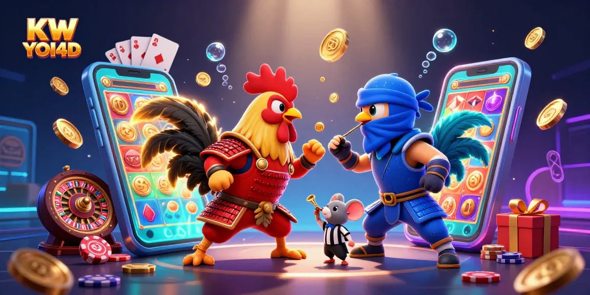 Ayam jantan berkelahi dengan program slot KW YOI4D di latar belakang kasino digital