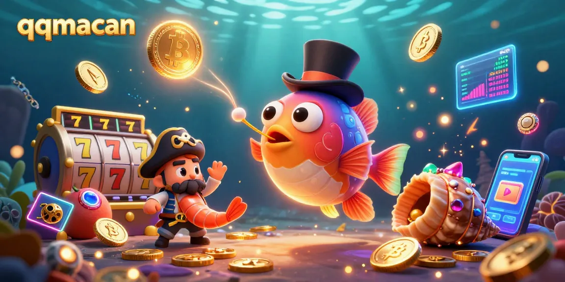 Engage with the thrilling charm of qqmacan featuring golden coins and vibrant slot elements in a dazzling underwater scene.