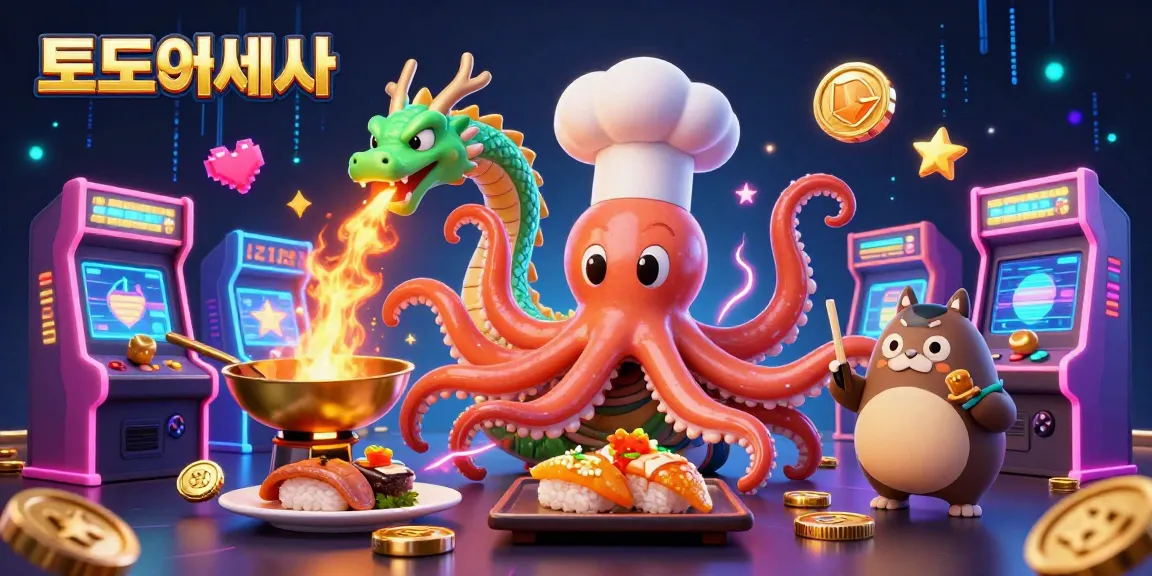 Engaging cartoon illustration showcasing a vibrant 토토사이트 atmosphere with gaming and culinary delight.
