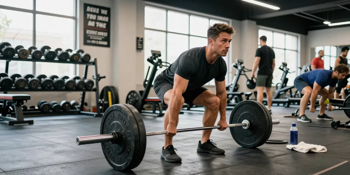 Focused male athlete performing deadlifts at Deus Medical Shop gym.
